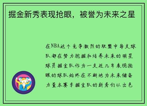 掘金新秀表现抢眼，被誉为未来之星